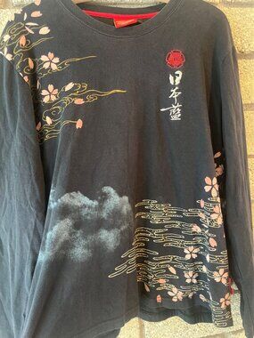 Nippon Blue Japanese Sakura & Dragon Print Long Sleeve Shirt Size M